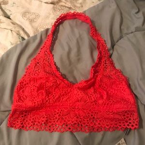 Aerie Halter Bralette coral red lace large